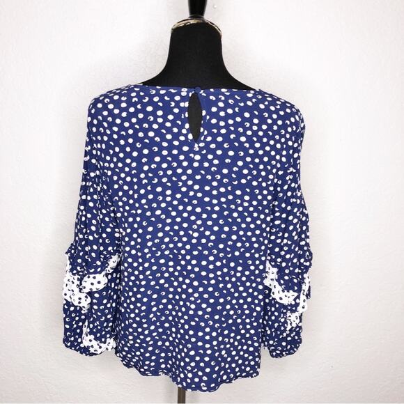 Soft Surroundings blue white polka dot ruffle trim top size Large - Picture 13 of 13